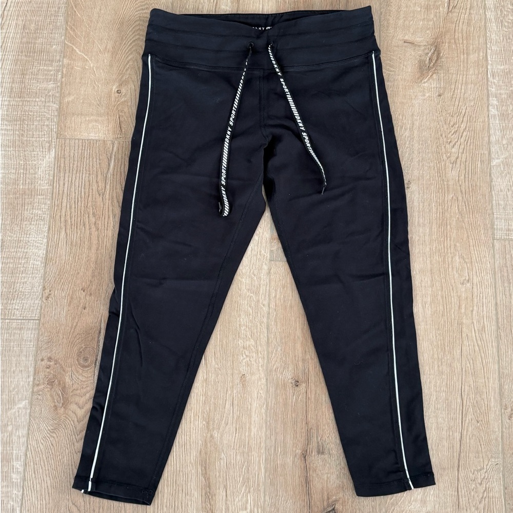 DKNY Sport Black Cropped Leggings Logo Side Stripe Drawstring Size XL